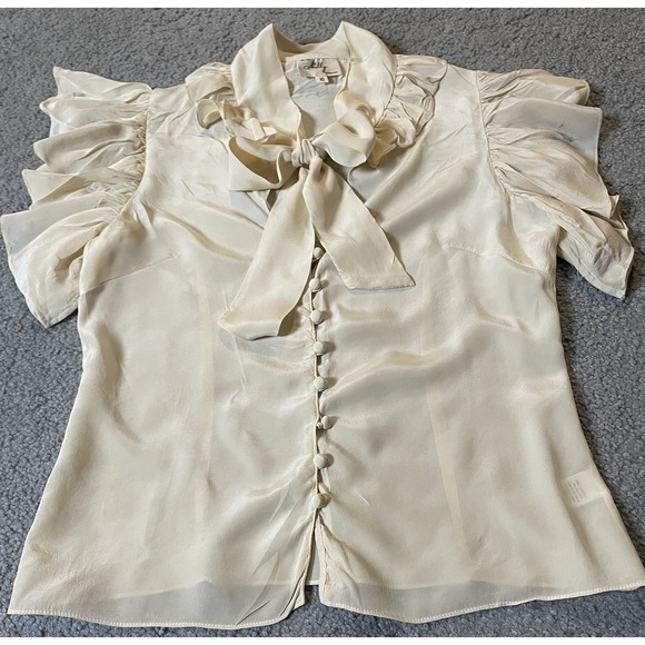 Milly of New York Silk Button Blouse Sz 10 Ivory Ruffles Front Tie Gossip Girls - Picture 5 of 13